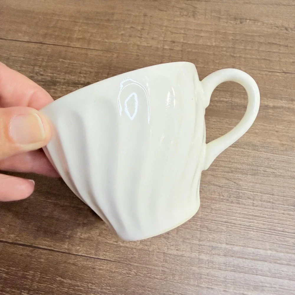 4 VTG Johnson Brothers Snowhite Regency White Teacups Saucers Swirl Coffee Cups